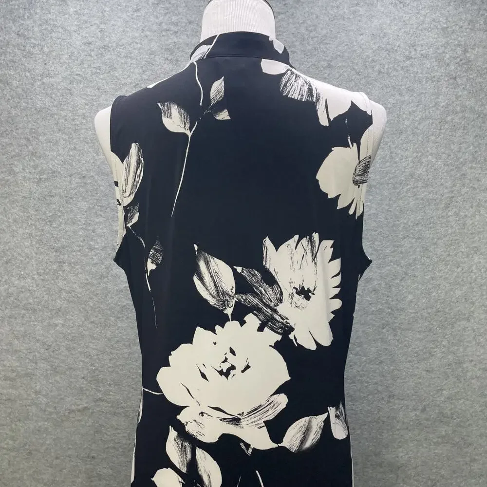 White House Black Market Floral Dress L Blk/Wht V Neck Stretch Midi Sleeveless